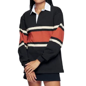 Custom High Quality  Women Contrasting Color Striped Crew Neck Cotton Soft Tops Fashion Women Rugby Polo Shirt
