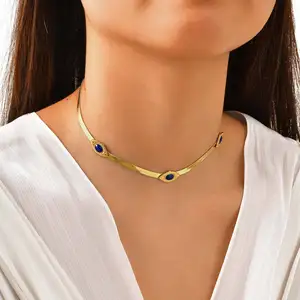 Gold Plated Snake Chain Choker Necklace Jewelry Blue Evils Eye Necklaces for Women