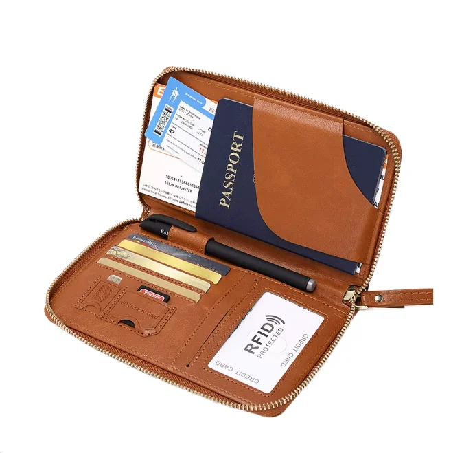 Solid Color RFID PU Leather Passport Credit Card Wallet Customizable Business Card Holder Stylish Travel Zipper Closure 6 Inch