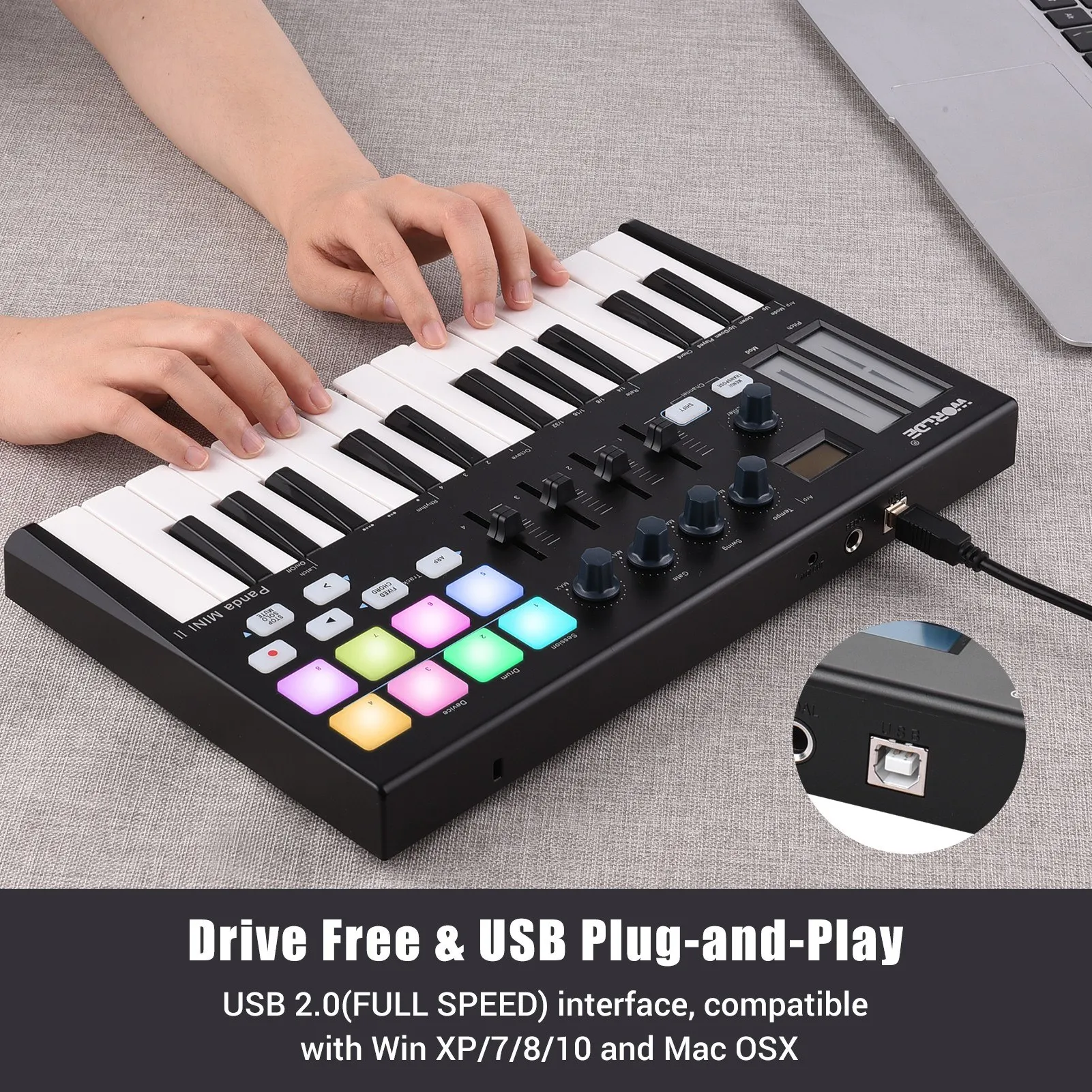 Worlde Panda MINI II USB Keyboard MIDI with 8 RGB Backllit Drum Pads 4 Sliders and 4 Knobs MIDI Keyboard 25 Keys 