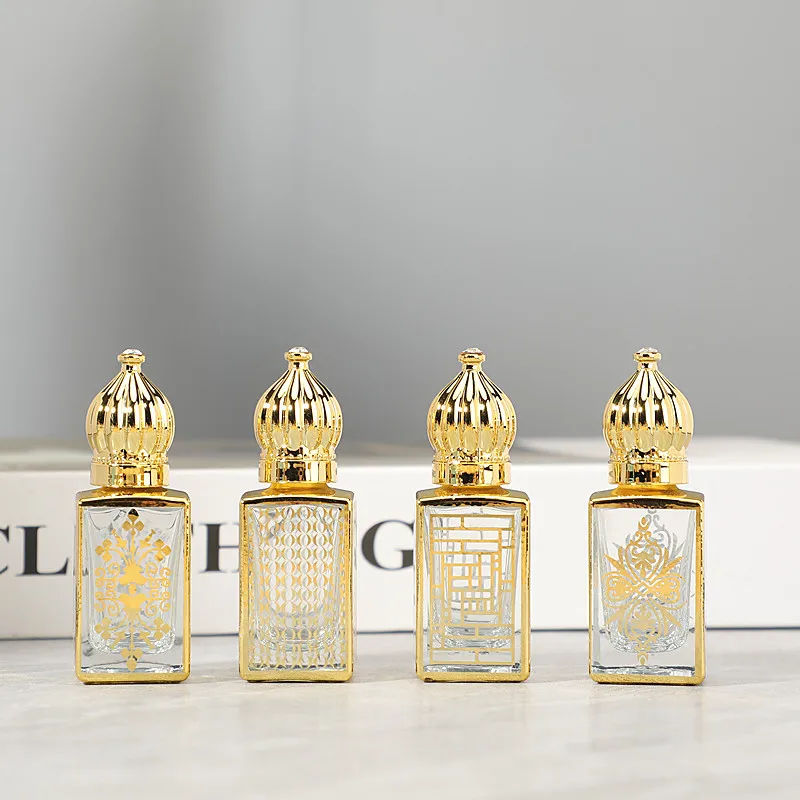 Empty square 3ml 6ml 9ml 12ml Luxury Electroplating Gold Crown Cap Roll on Glass Perfume Attar Bottles with Stick