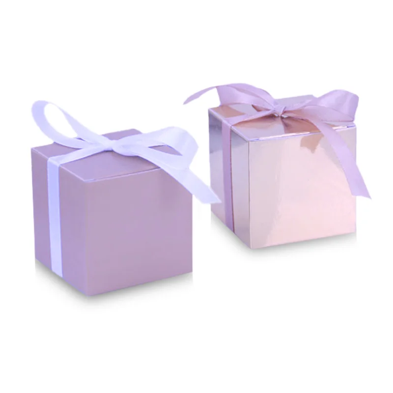 Custom wedding festive gift boxes Small 2 inch square foldable candy gift boxes with ribbon for weddings or festive