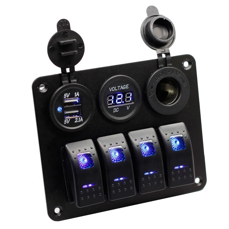 4 Gang Rocker Switch Panel Digital Voltmeter Dual USB 12V 24V Waterproof for  Car