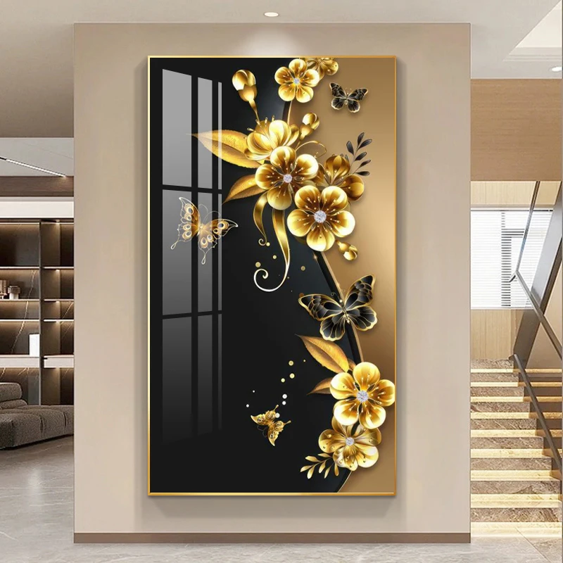 Factory Wholesale Custom Home Decoration Art Wall Art Crystal Porcelain Painting Abstract Golden Flowers Painting Led Light Art