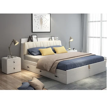 Full Furnished Bed Room White Standard Queen Double Platform Stylish Leather Functional Beauty Bed Frame