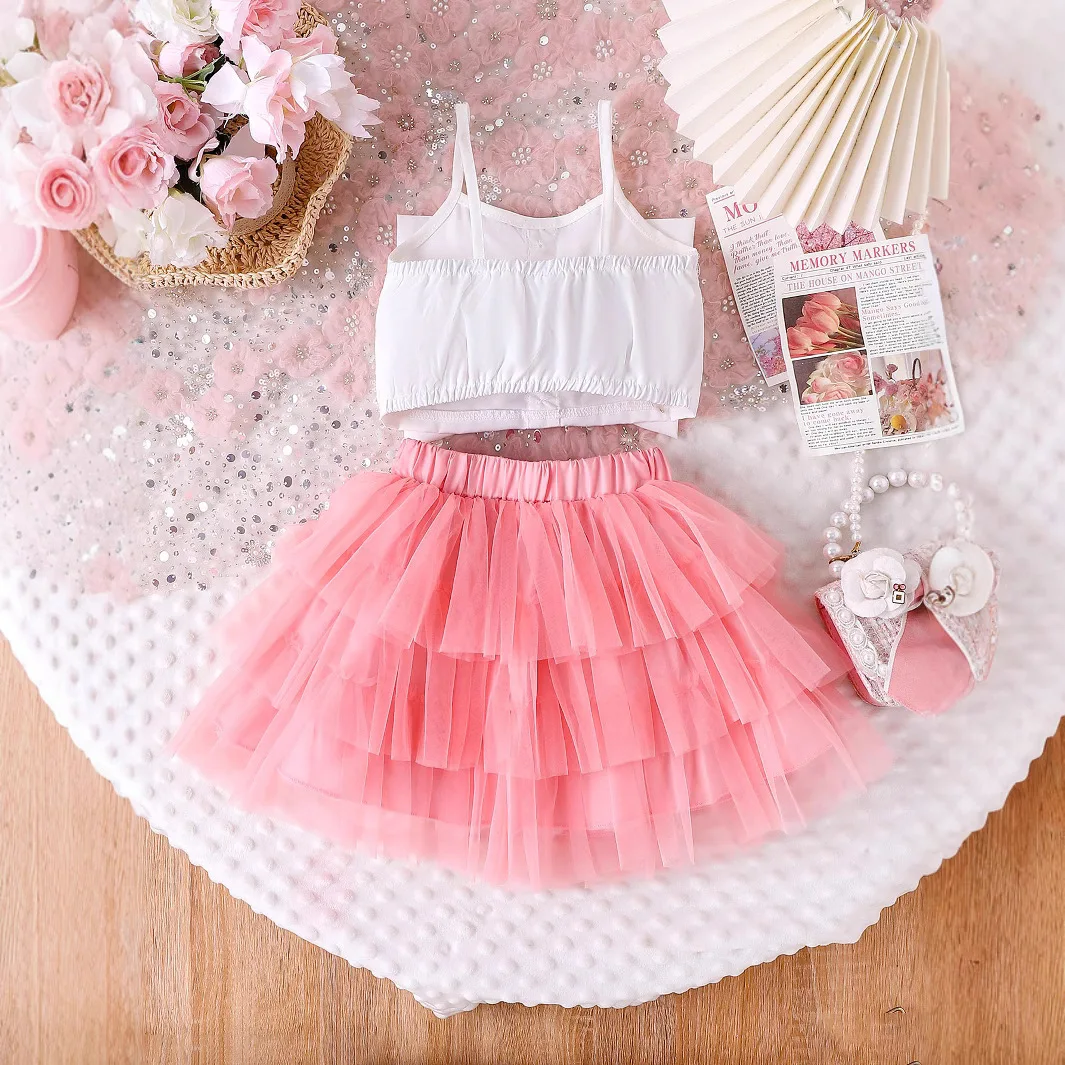 3-7y Clothes for Girls Summer Decorative Buckle Solid Color Suspenders Pink  Tutu Skirt for Girls Daily Kids Clothing