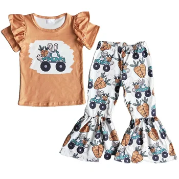RTS Baby Girls Clothes Easter Bunny Print Cute Toddler Girl Clothes Short Sleeve Bell Pants Sets Wholesale Kid Boutique Clothing