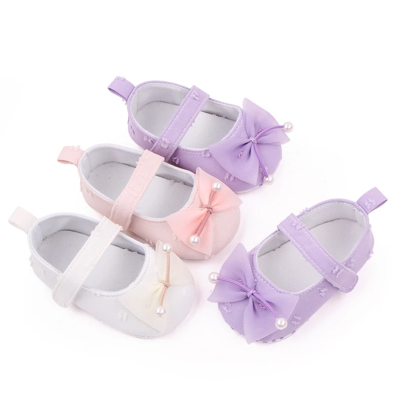 New Solid Color Pearl Yarn Bow Soft Soled Non-slip Princess Toddler Shoes for Baby Girls