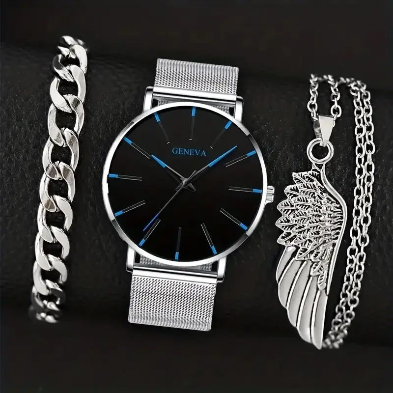 Pcs/Set Wrist Watch Bracelet Necklace Set, Stainless Steel Quartz Watch  Black Silver Bracelets Set for Men FD033