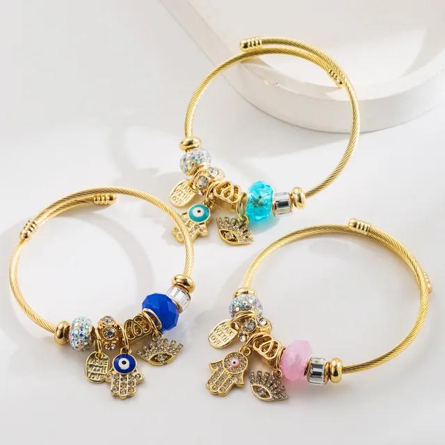 High Quality Gold Plated Crystal Hand Eye Charm Bracelet Adjustable Stainless Steel Letter Pendant DIY Bangle Bracelet for Girls