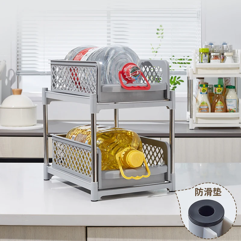 Kitchen Storage Shelf with 2 Drawers Sliding Spice Rack Under Sink Organizer Multi-function Rack with Darwers