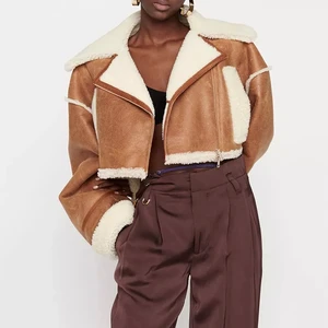 Fake leather Fur Color block Patchwork Lapel Collar Long Sleeve High Waist Short winter bomber Jacket