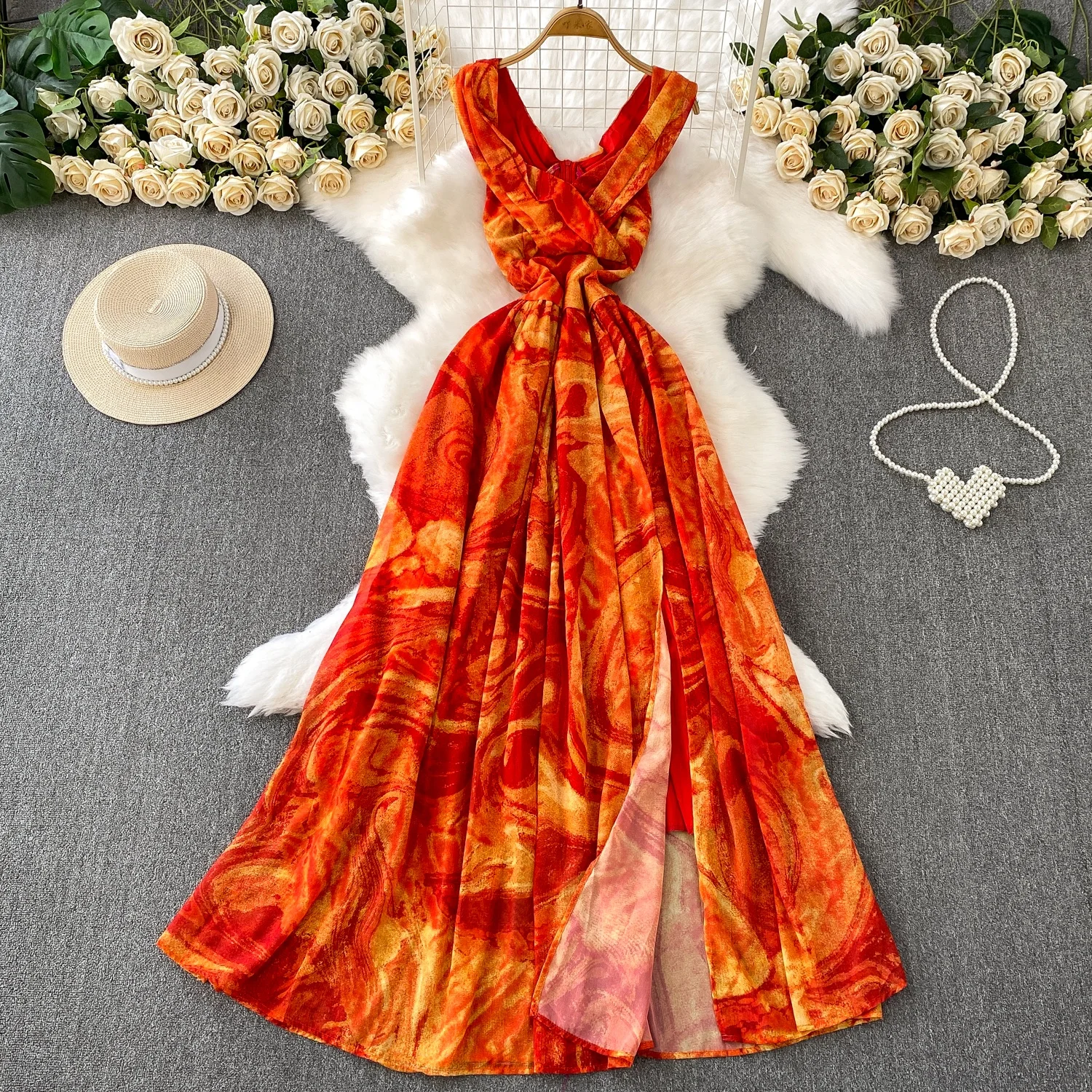 Sexy Cross V-neck Sleeveless Dress Women's Summer High-end Retro Print Slit  Dress