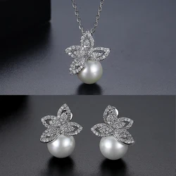 LUOTEEMI Fashion Iced Out Pendant Necklace Earring Cubic Zirconia For Party Glass Pearl Set Jewelry