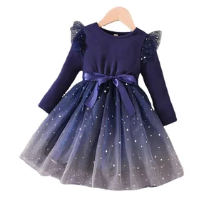 2023 Spring Autumn Kids Girl Party Princess Dress Long Sleeve Gradient Star Gauze Princess Clothes Children Dresses Wholesale