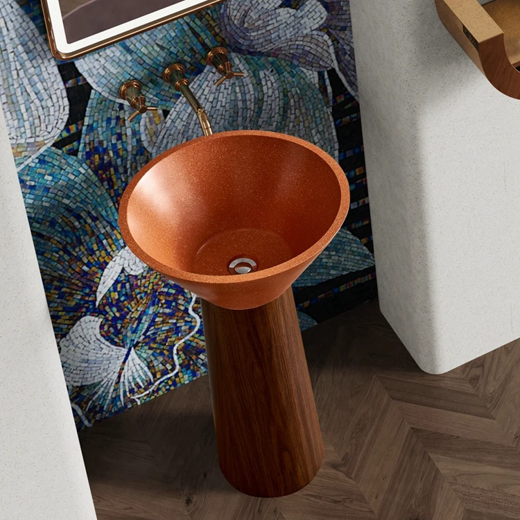 Orange Artificial Stone Wash Basin and Wood Grain Stainless Steel Pedestal Combination Freestanding Bathroom Wash Basin Sink