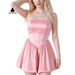 Original Design Women's Summer Rose pink off Shoulder Dress High Quality Satin Soft Mini Short Gothic Lolita Pleated Dresses