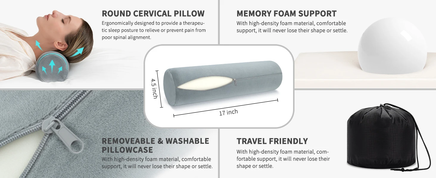 Gray Solid Color Wholesale OEM Long Bolster Style Neck Pillow Memory Foam Lumbar Roll Travel Support Pillow CE Adults Column