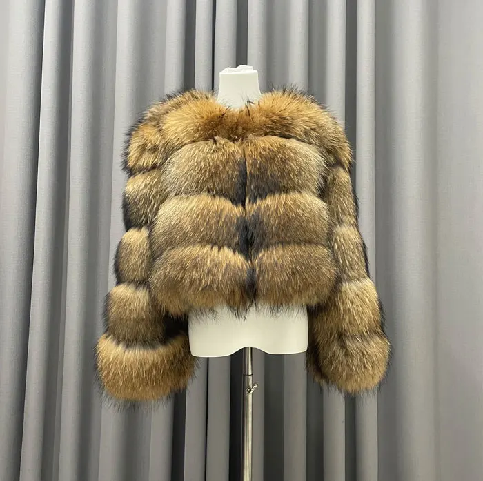 Winter Women's Warm Real Fur Coat Short Casual Long Sleeve Natural Color Raccoon Fur Coat_voghion.com