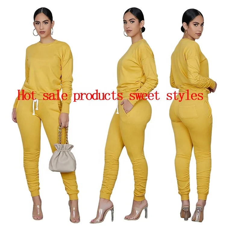 2021 New Arrivals Fall Autumn Solid Color Tracksuit Casual Stacked Womans Pants Two Piece Set Women Clothing