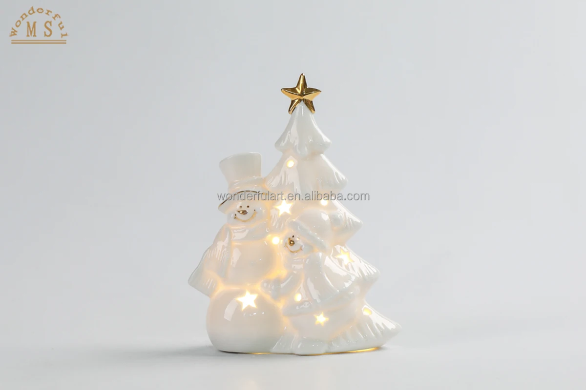 White snowman xmas tree with solar light Christmas porcelain statue winter gifts for home decoration