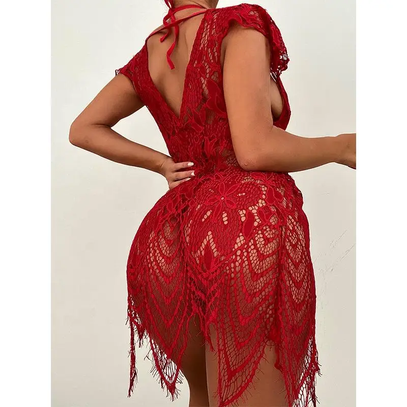 Bata de baño larga de encaje para mujer, ropa de dormir Sexy de malla, bata para mujer, ropa de playa de verano, lencería sexy_voghion.com