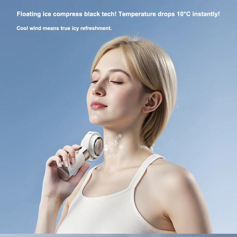 Yixuan High Speed 10 Speeds Strong Wind Ice Function Handheld Mini Air Conditioner Cooler Portable Neck Fan Rechargeable_voghion.com