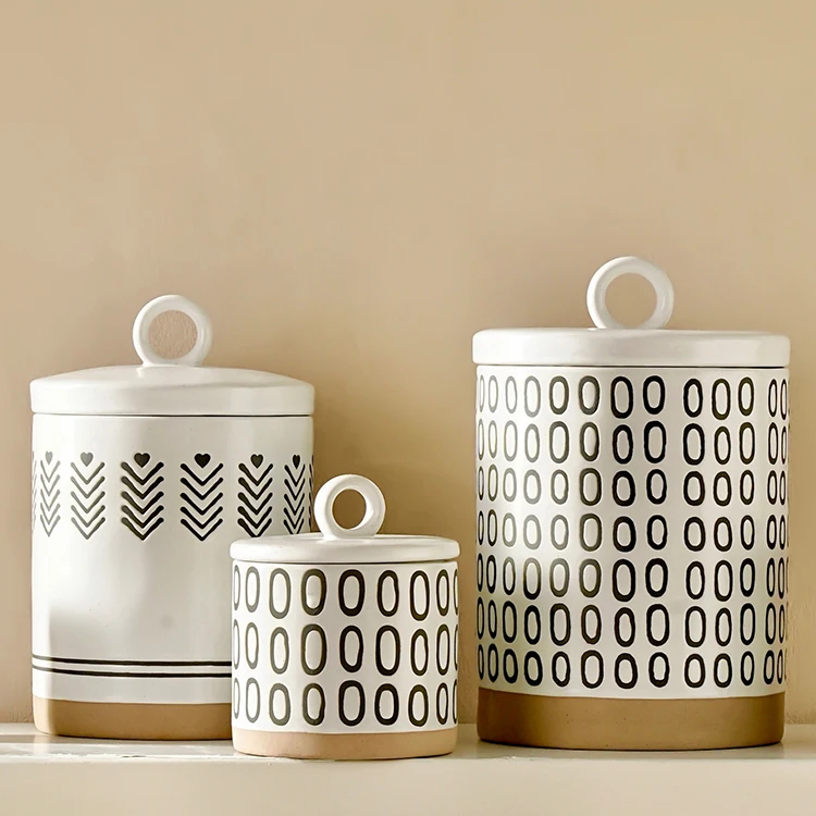 Factory Direct Selling Matte Geometric Coffee Sugar Canister Tea Container  Ceramic Storage Jar With Sealed Lid