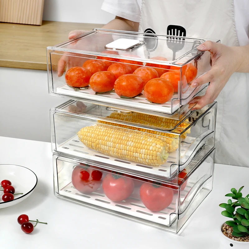 Fridge Drawer Reusable Food Storage Container Stackable Refrigerator Organizer Bins with Drain Board Air Hole