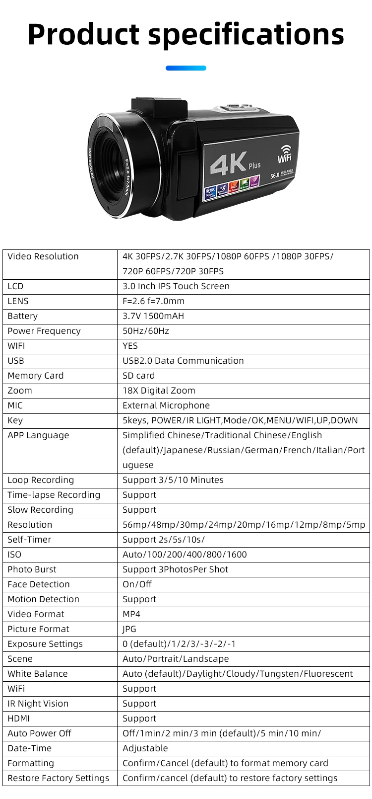 Uhd 4k 56mp Video Camera 18x Digital Zoom 3.0 Inch Ips Screen Camcorder