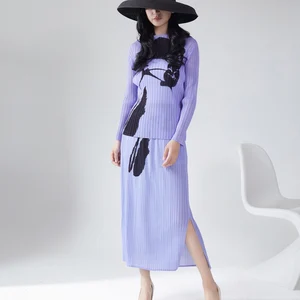 Miyake Free Size Casual Two-Piece Set Floral Printed V-Neck Long Shirt Top and Straight Skirt Pleated Woven Fabric Dresses