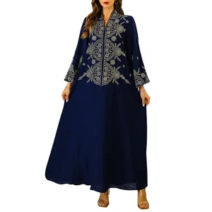 Women Muslim Abaya Dress Custom Floral Print Maxi Dress Long Sleeve V Neck Day Wear Festival Dubai Dress Factory