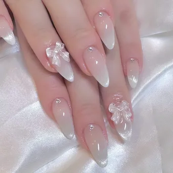 24 pcs Sweet Cat Eye French Manicure with Dotted Diamonds and 3D Bow on Short Almond Nails press on nails Wholesale 3445/3099