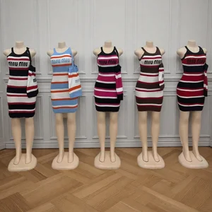 New Summer Fashion Women Shoulder Bag Stitching Color Matching Striped Sleeveless Sheath Dress