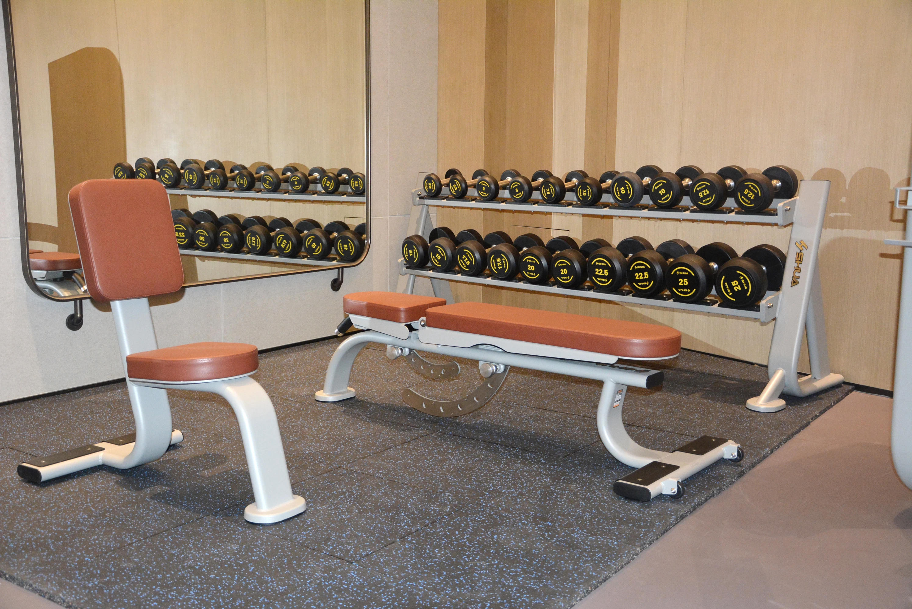 ☆おうちジム フルセット②ベンチ、マット、ダンベル 2個づつ+ダンベルラック ☆ SHUA SH-6884ダンベルセット付き2層選択ダンベルラックShua