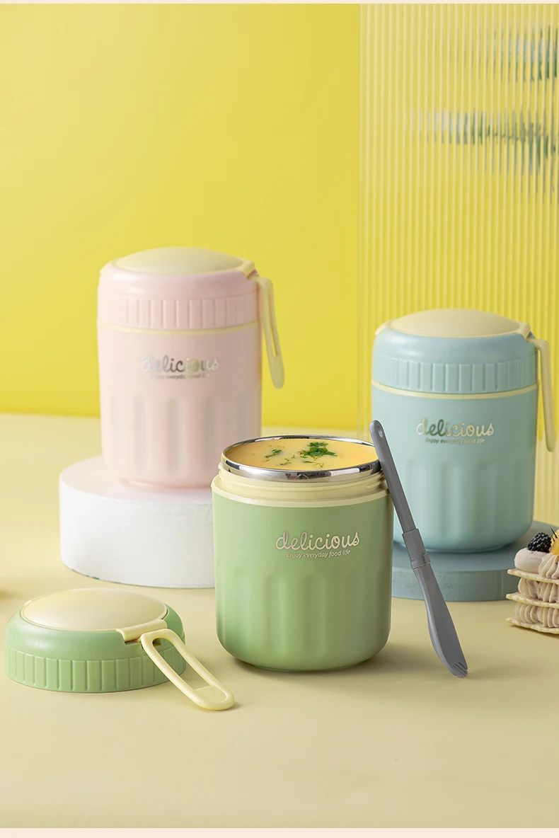 Wholesale Portable  Korean Design Warm Food Container 304 Stainless Steel Insulated Breakfast Cup with Plastic Spoon_23