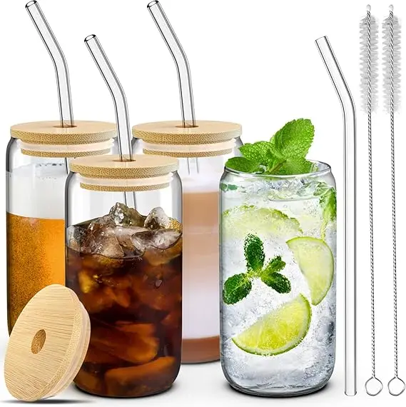 Glass Cups with Bamboo Lids and Straws 16oz  Can Shaped Drinking Beer Glasses Cup For Iced Coffee