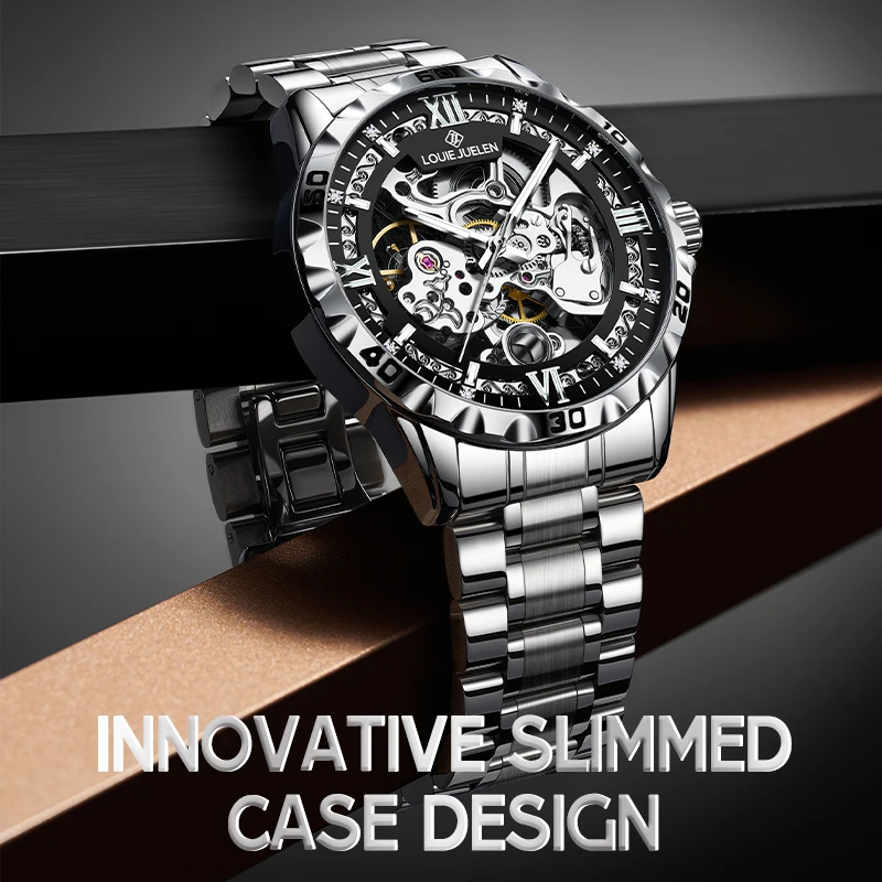 LOUIE JUELEN Men's Luxury Automatic Mechanical Watch 46mm Stainless Steel Band Waterproof Luminous Coin Charm Business Casual
