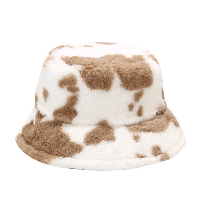 cow print fluffy bucket hat