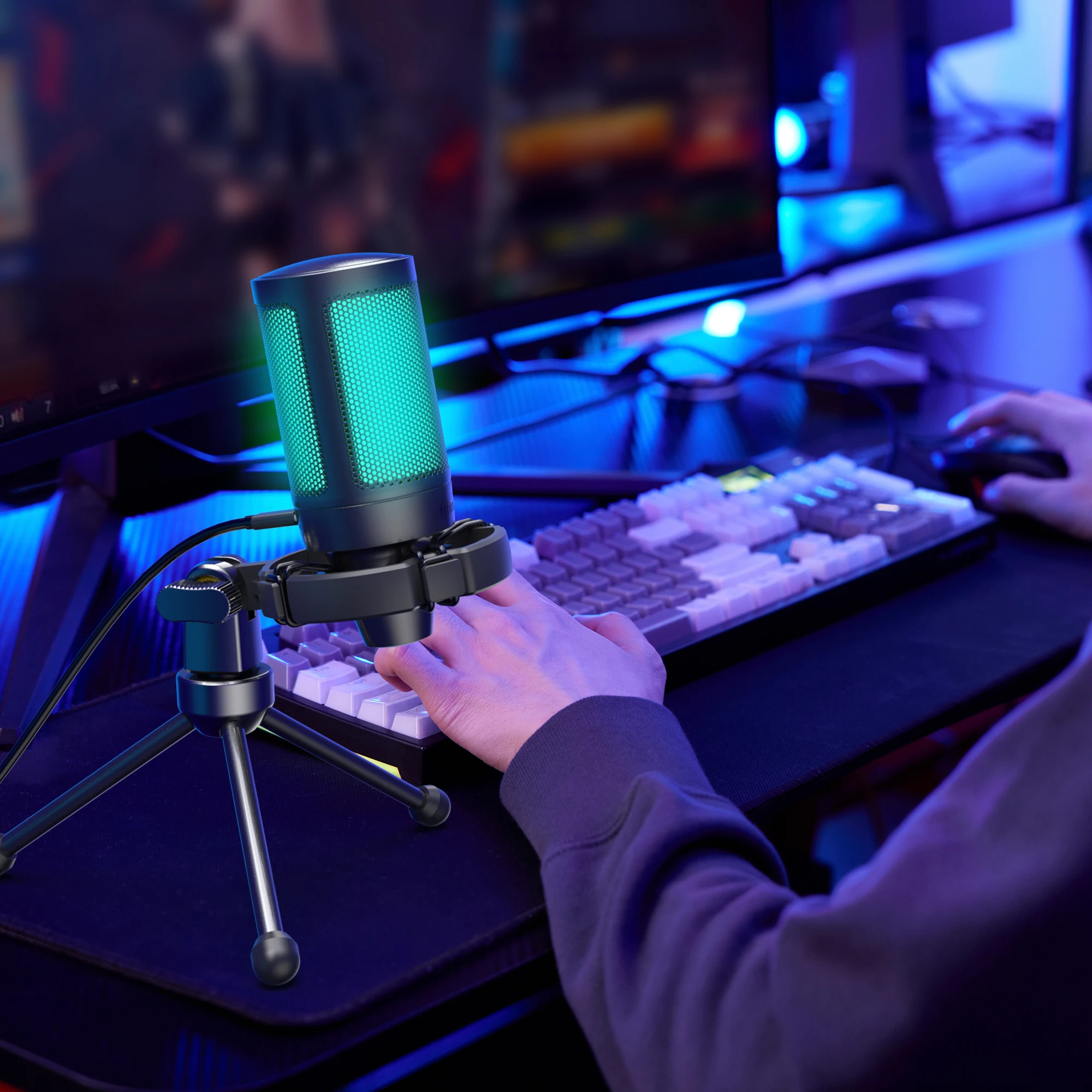 For A2 Standing Condenser Computer Microphone USB RGB Lighting Noise Cancelling Light-weight Wired Gaming Streaming Studio