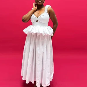 Factory Wholesale Runway Fashion Party Dress Women Spring Summer Spaghetti Strap V-Neck Ruffles Hollow Out Elegant Midi