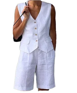 Women's Sleeveless V-Neck Vest Sets Customized Logo Solid-Color Loose Clothing Direct Sale by Manufacturer for Summer