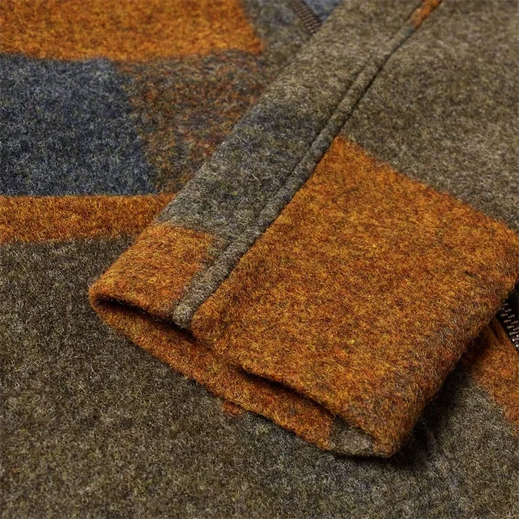 OEM Custom Boxy Fit Check Pattern Front Pockets Color Block Wool Jacket for Men