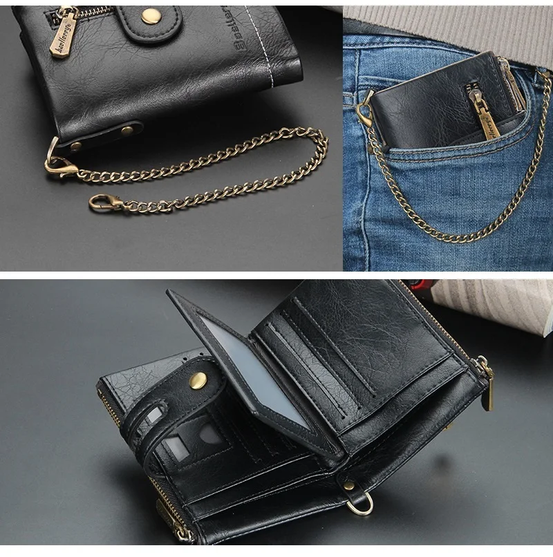 Baellerry 2021 New Wholesale Short Style Double Zipper Wallets With Chain for Men,Male Coin Purse Card Wallets Case Wholesale
