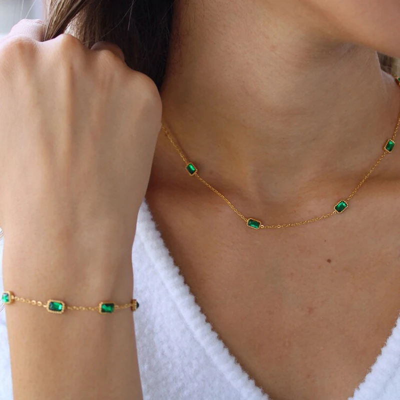 Dainty 18k Gold Plated Stainless Steel Birthstone Necklace for Women Charm Green Zircon Gemstone Necklace Bracelet