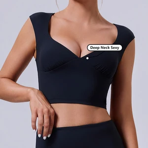 Wholesale Oem Gym Athletic Slim Fit Yoga Top Black Square Neck Push up Tank Top Workout Sexy Solid Color Deep V Yoga Sports Bra