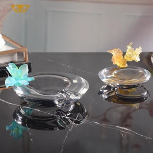 SAINT-VIEW Custom FLower Design Hand Carving Ash Tray Hotel Bar Crystal Glass Round Cigar Ashtray With Glass Holder