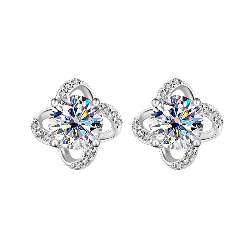 Moissanite Clover Stud Earrings Halo 925 Sterling Silver For Women_voghion.com