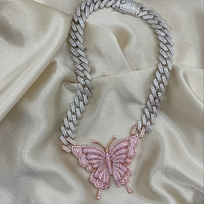 Pink Butterfly Cuban Chain Necklace Ice 