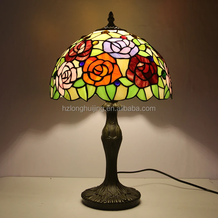 LongHuiJing Tiffany style Lamps 18 Inch Tall Colourful Stained Glass lampshade Desk Light Accent Antique Tulip Style Art lamps